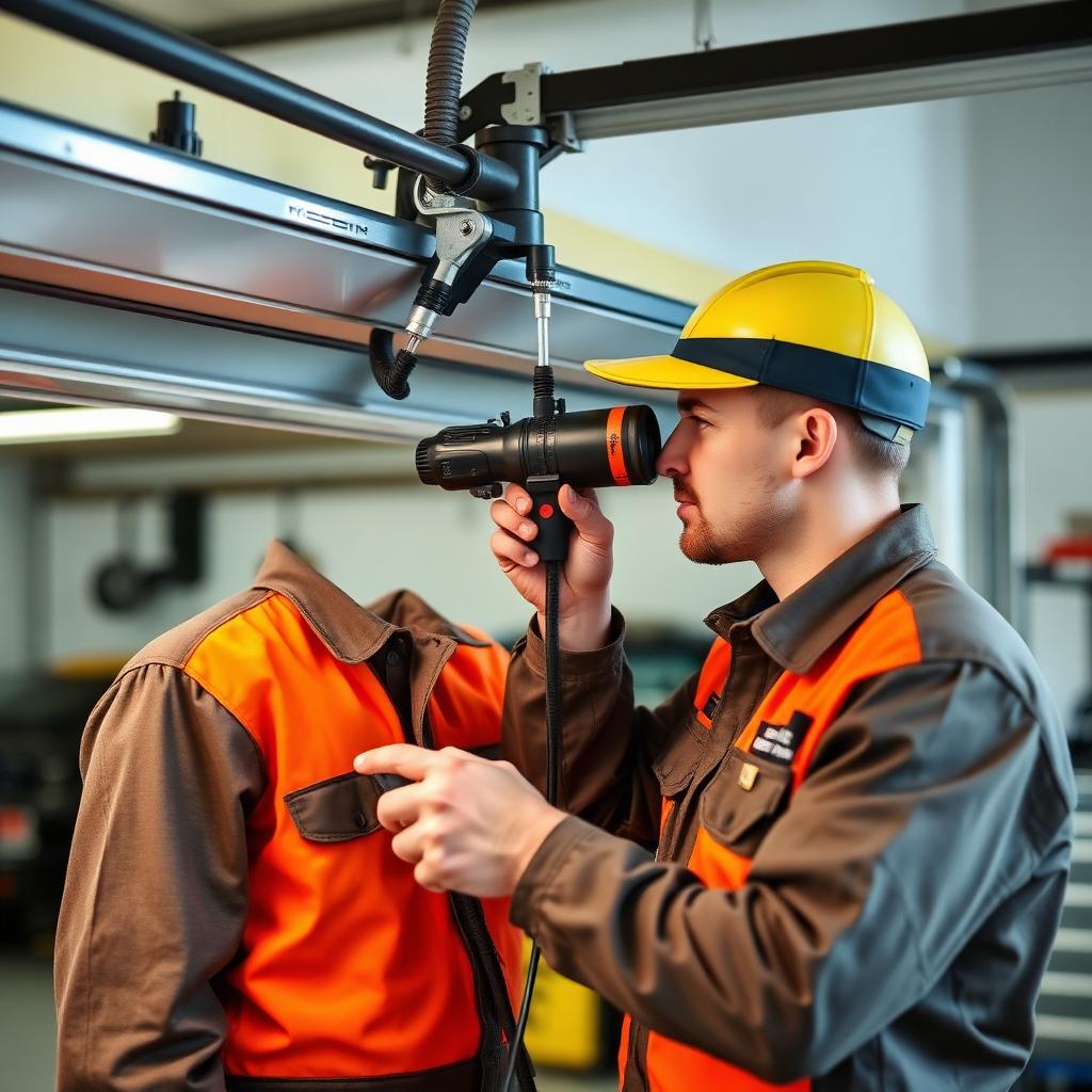 Professional garage door technician diagnosing sensor alignment